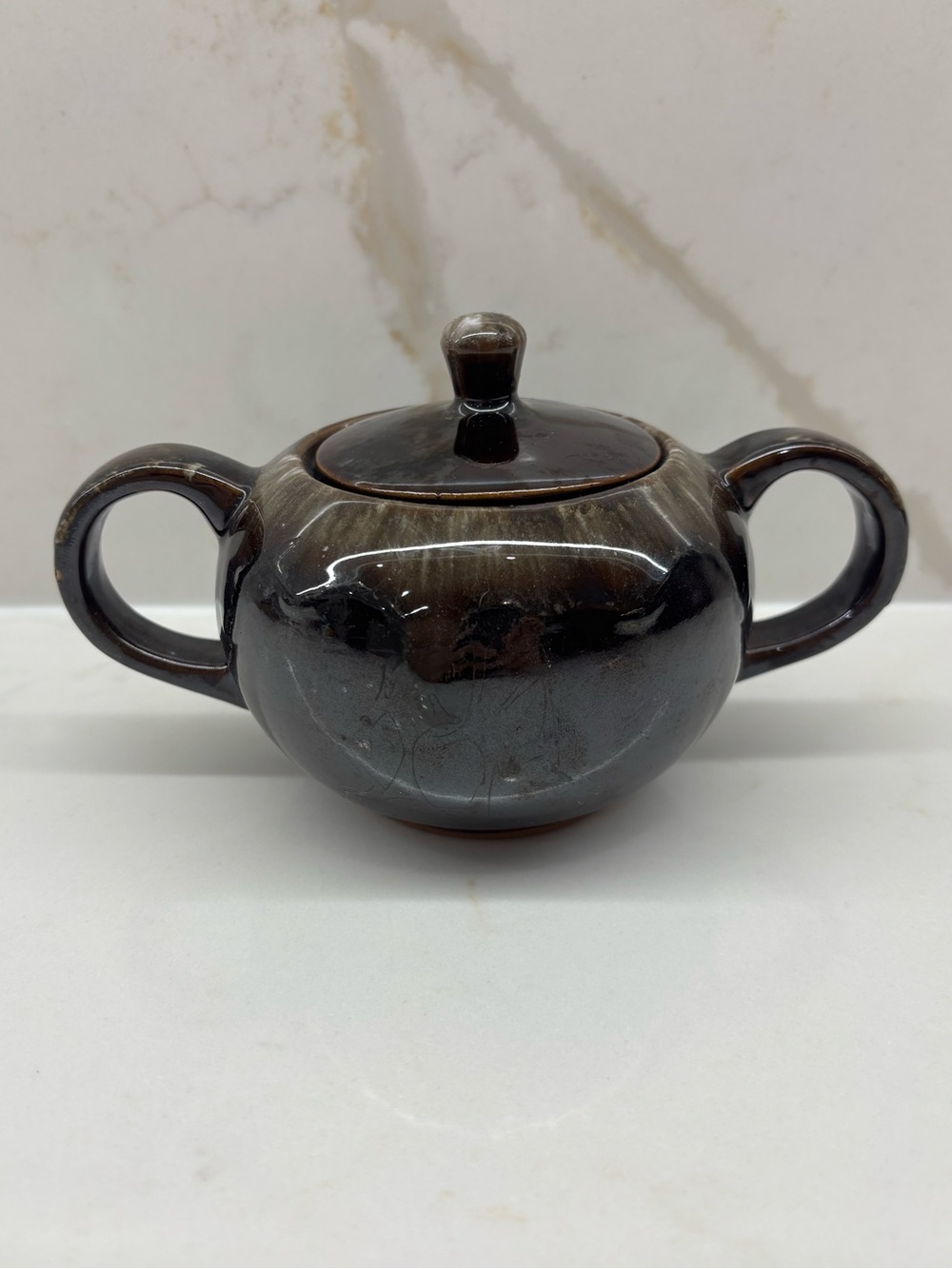 Vintage Dark Green Drip Glaze Pottery Two handles Sugar Bowl With Lid Japan